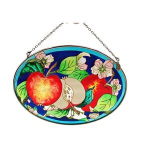 Amia Stain Glass Hanging Suncatcher Apple Floral Fruit Bright Colors Framed 7x5"